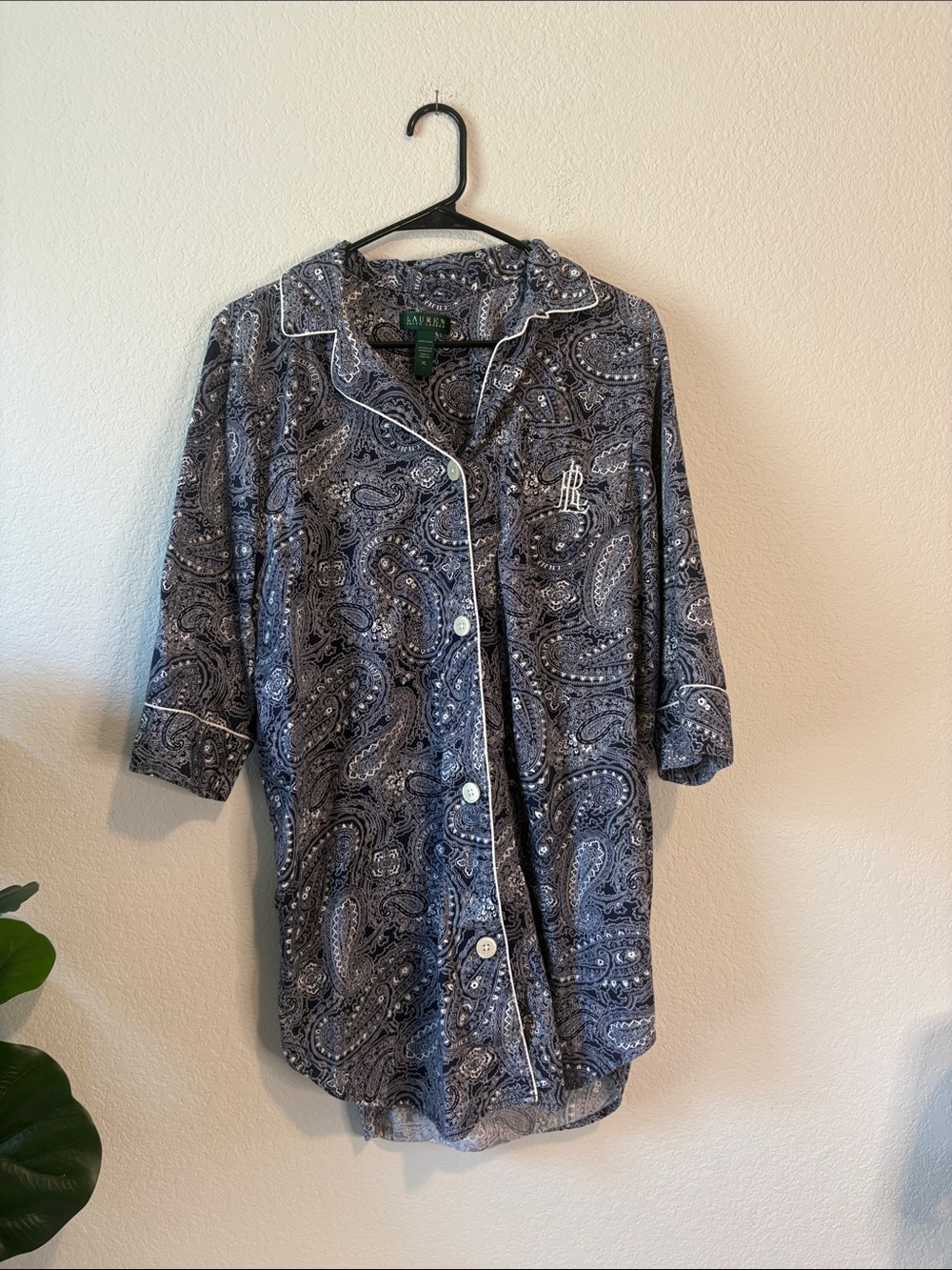 Ralph Lauren Navy Paisley Button-Up Sleep Shirt with White Piping XL